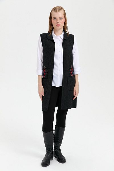 Desen Triko Women's Polo Neck Open Front Embroidered Long Wool Vest Black
