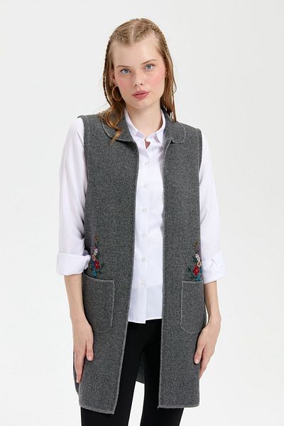 Desen Triko Women's Polo Neck Open Front Embroidered Long Wool Vest Smoked
