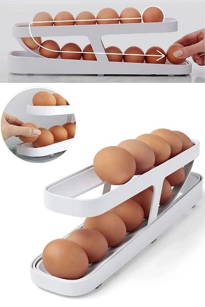 Kitchen Time 2 Tiers Automatic Refrigerator Egg Stand Egg Cup Rack Storage Container Fridge Organizer