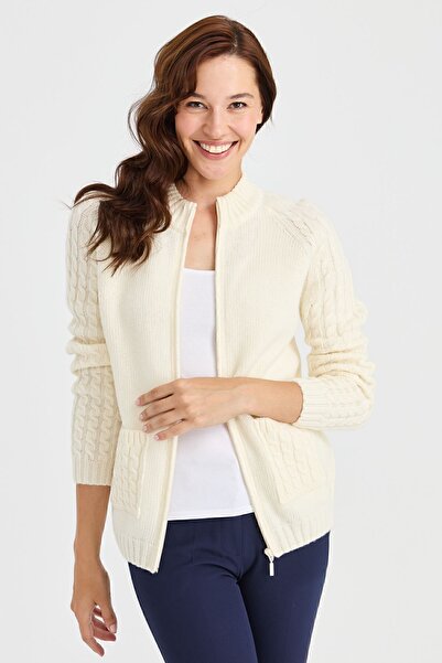 Desen Triko Γυναικείο γιακά με τσέπη και μανίκια Πλεκτό μαλλί ζακέτα Bone