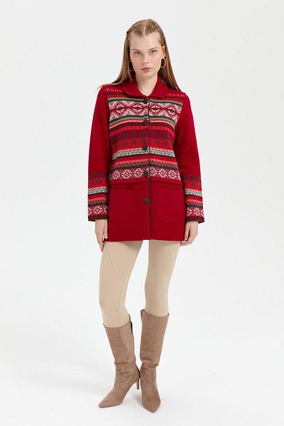 Desen Triko Red Araboy Wool Cardigan - Polo Neck and Felted Skirt