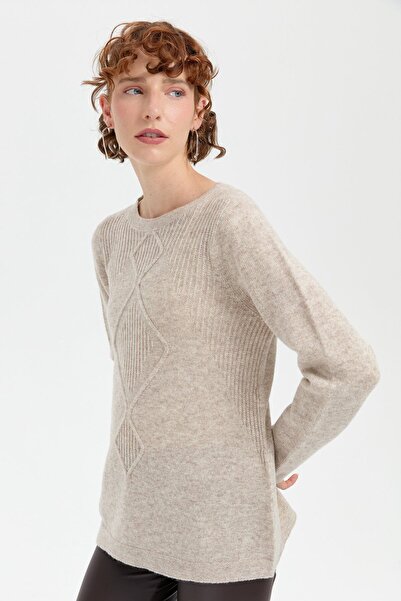 Desen Triko Pulover de lână pentru femei V.Beige - Decolteu, fără cusături, tricot Thessaloniki Argyle