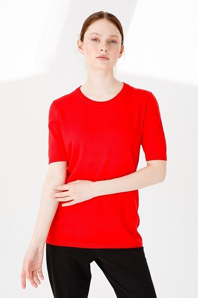 Desen Triko Women's Lycra Short Sleeve Crew Neck Plain Blouse Coral