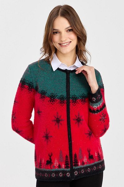 Desen Triko Women's Zero Collar New Year Patterned Cardigan S.Red