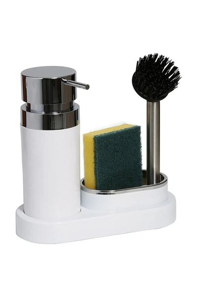 almital mobilya aksesuarları furniture accessories White Chrome Patterned Liquid Soap Dispenser - Dish Helper with Brush and Sponge Chamber