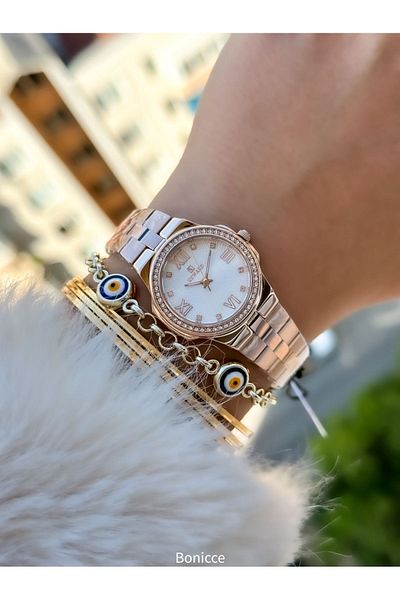 Reward Rose Colored Stone Detailed Women's Wristwatch - Steel Cord and Special Lock System