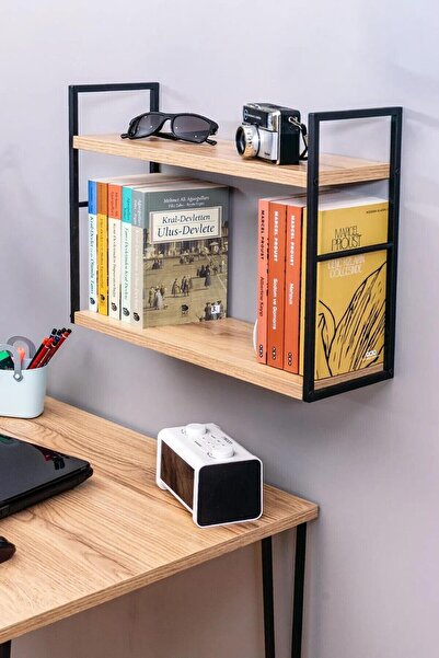 Home Metal Ahşap Duvar Rafı Duvara Monte 2 Raflı Kitaplık Çalışma Odası Modern Masa Üstü Kitaplık