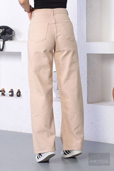 SHEVEGA Beige High Waist Boyfriend Wide Leg Loose Wide Leg Trousers