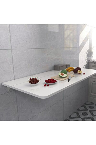 Kydonia Home 60x140 cm 5 kişilik Oval Köşeli Sabit Raflı Parlak Beyaz Duvara Monte Kırma Katlanır Masa