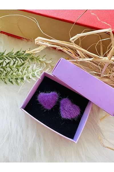 1PARÇAMAVİ Furry plush heart clip compression earrings - no pierced ear earrings