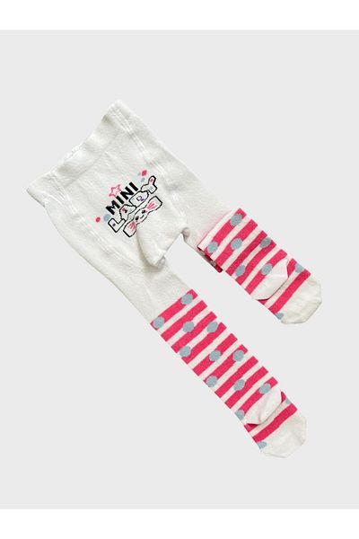 ALİŞ KİDS Girl - Star Patterned White Pink Striped Cotton Pantyhose