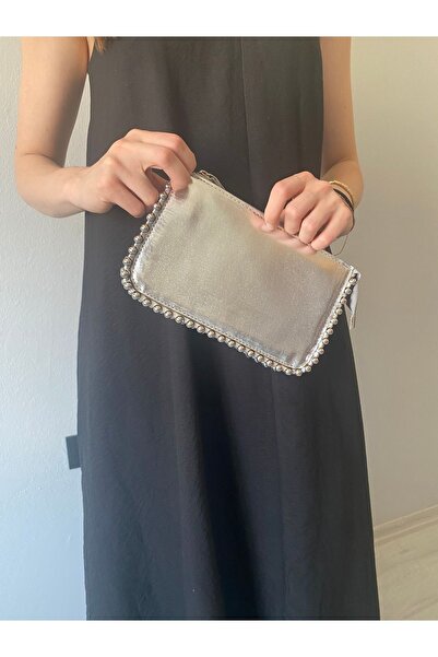 Bagliore Sparkling - Gümüş Vegan Deri 3 Gözlü Fermuarlı  Gümüş Zincir Askılı ...