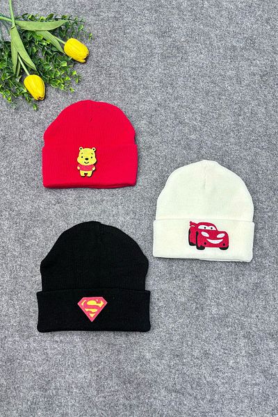 MYADA Boy's Themed 3-Piece Stylish Plain Knitwear Beret
