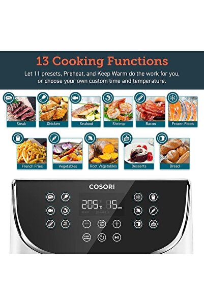 COSORI Sıcak Hava Fritözü 5.5l Xxl Beyaz Fritöz Sıcak Hava Fritözü Dijital Led Dokunmatik Ekranlı