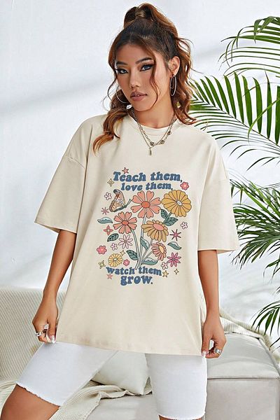 uyguntarz Übergroßes Unisex-T-Shirt mit Blumen-Print