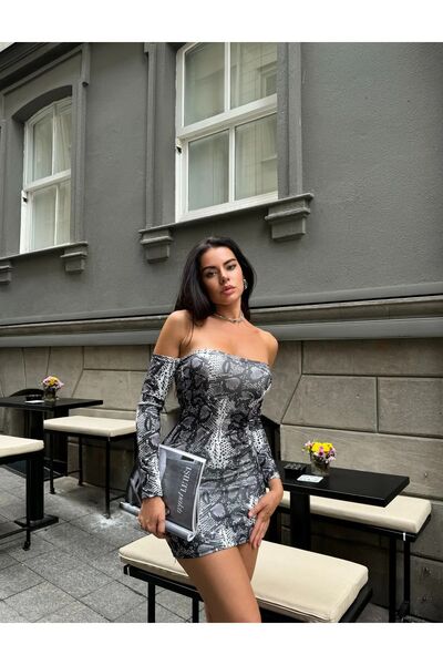 joshua Γυναικείο μακρυμάνικο φόρεμα στράπλες με σχέδιο φιδιού