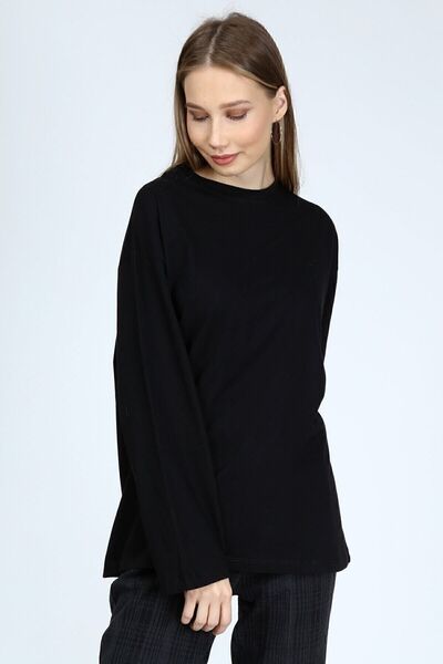 BASICA Plume Kadın Siyah Uzun Kollu Bisiklet Yaka Basic Oversize T-shirt