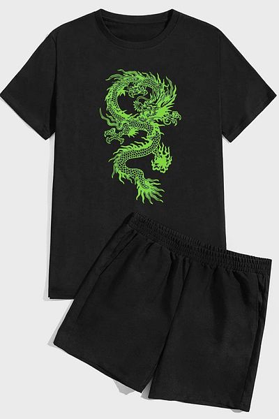 uyguntarz Chinese Dragon Print Shorts Set