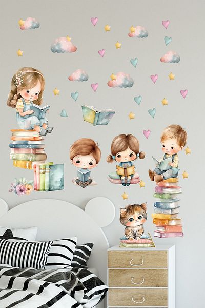 Sim Tasarım Kids Reading Books Children's Room Decorative Wall Sticker Set
