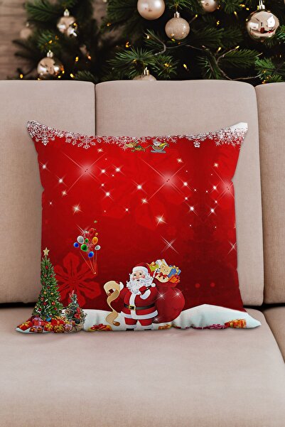 Sakallı New Year Themed Set of 2 Snowman and Santa Claus Patterned Red and White Digital Printing Throw Pillow Case Set