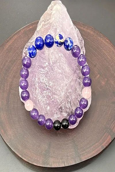 NehirTaş 8 mm Certified Natural Stone Worry Protection Bracelet - Amethyst Varicose Pink Quartz Agate