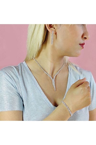 takıbyysm Evening Dress Set Waterway Single Ordinary Two Rows Necklace, Waterway Bracelet, Earrings Zircon Silver 42-46 Cm