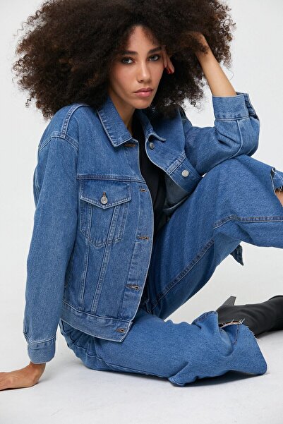 BOSHETTI Kadın Sweet Blue Premium Oversize Pilili Basic Denim Ceket