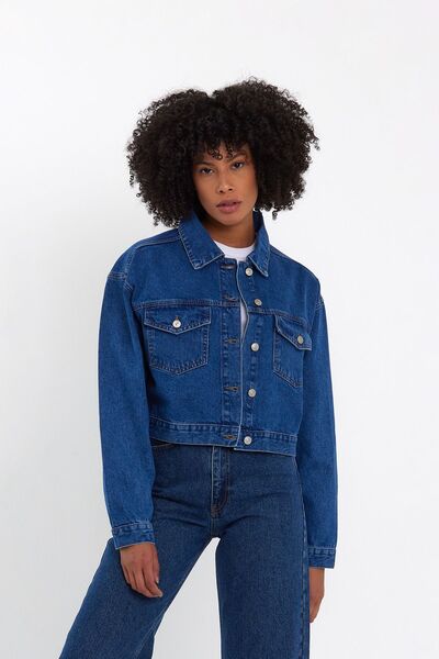 BOSHETTI Kadın Denim Crop Oversize Efektli Koyu Mavi Ceket