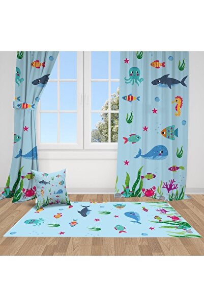 Bebemotto Mavi, Balıklar, Ithal Kumaş, Çocuk Ve Bebek Odası Fon Perde - 1 Kanat