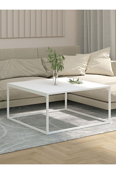 NEATS Beyaz Orta Sehpa, 90x90, Büyük Boy, Beyaz Ayaklı Kare Orta Sehpa, Beyaz, Metal, Modern Orta Sehpa