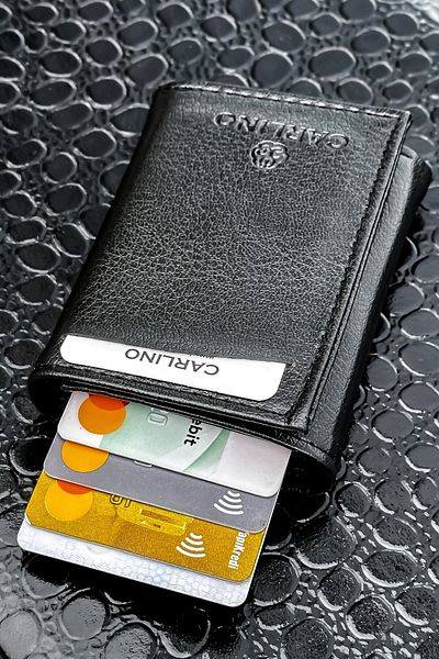 Carlino Unisex Black Leather Mechanism Card Holder Wallet with Automatic Slide