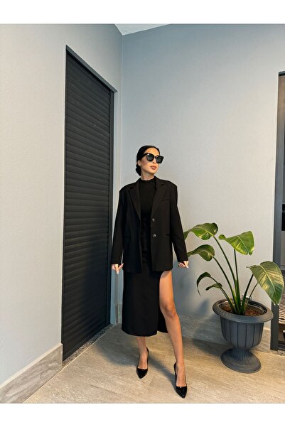 FGKBOUTİQUE Siyah Blazer Ceket Etekli Takım