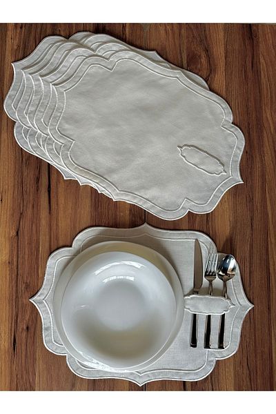 NURHAN HOME COLLECTION 6 Pieces Double Row Ecru Embroidered American Serving Plate with Spoon