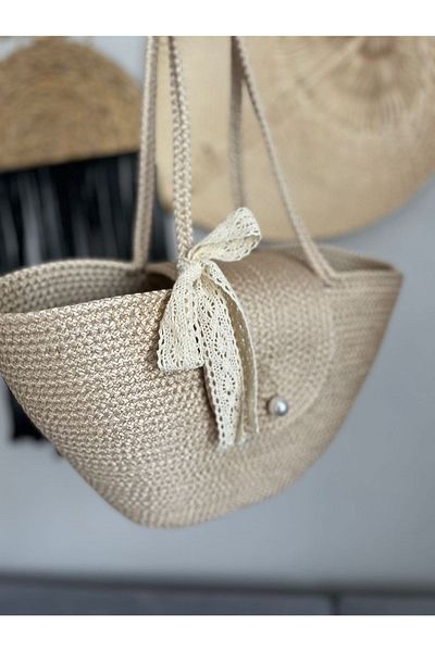 Bohemahomedecor Μπεζ ψάθινη καθημερινή τσάντα παραλίας