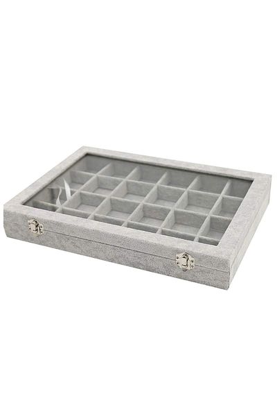ÖZER KUTU 24 Compartment Jewelry Table with Glass Lid Gray Suede