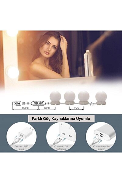 Genel Markalar Nostalji Hollywood Tarzı 10'lu Makyaj Masası Aynası Beyaz Led Işıklı Lamba Usb Glrshop