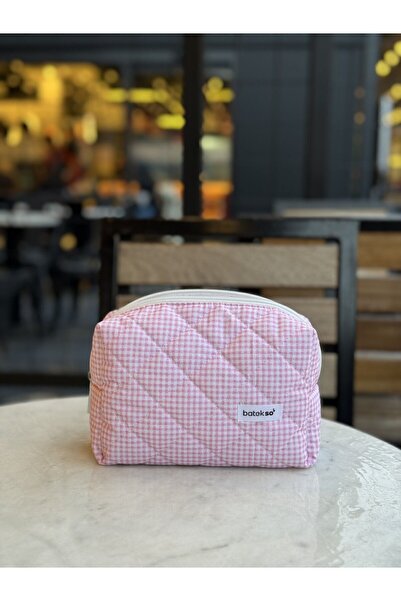 Butiksi Pembe Kare Desenli Makyaj Çantası - Büyük Boy