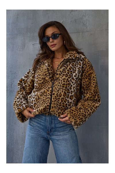 Elif Özbey Butik Плюшено кожено палто с леопардов шарен мотив