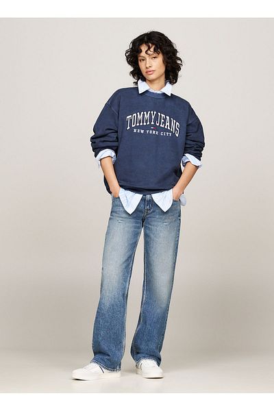 Tommy Jeans Women's Navy Blue Embroidered Round Neck Sweatshirt - Tjw Rlx Varsity Crew