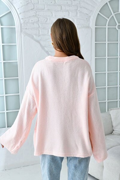 WOMAN VISION Kadın Düşük Omuz Geniş Kollu Bisiklet Yaka Uzun Kollu Oversize Pudra Triko Kazak 4091