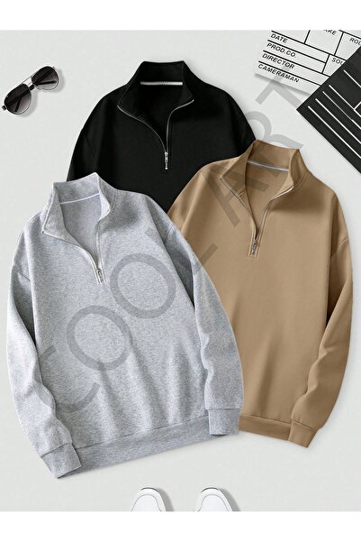 coolart Ανδρικό Σετ Φούτερ 3 τεμαχίων - Όρθιος Γιακάς, Με Μισό Φερμουάρ, Μακρ...