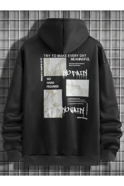 SeusCraft Fără durere nu există câștig - Hanorac negru supradimensionat cu gl...