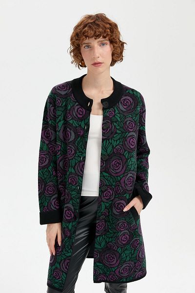 Desen Triko Cardigan lung de lână cu guler în picioare pentru femei, cu imprimeu trandafiri, negru_A.violet