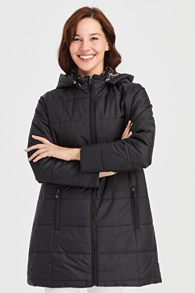 Desen Triko Kadın Astarı Desenli Araboy Kapitone Kaban Siyah