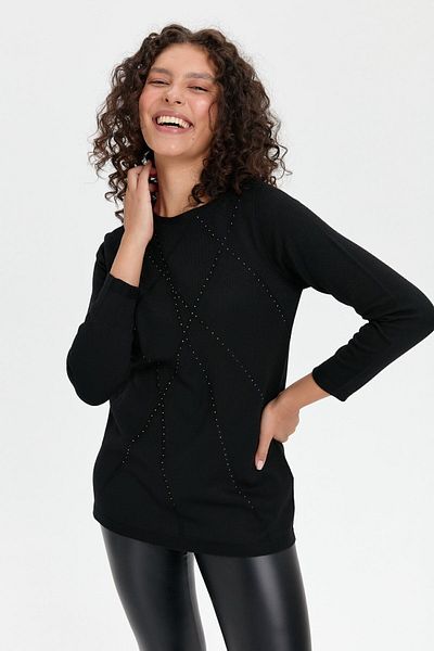 Desen Triko Pulover de damă fără cusături cu model în cruce de piatră neagră