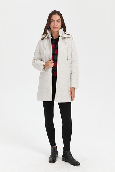Desen Triko Polo Collar Leaf Patterned Women's Quilted Coat - Ecru with Snap Fasteners