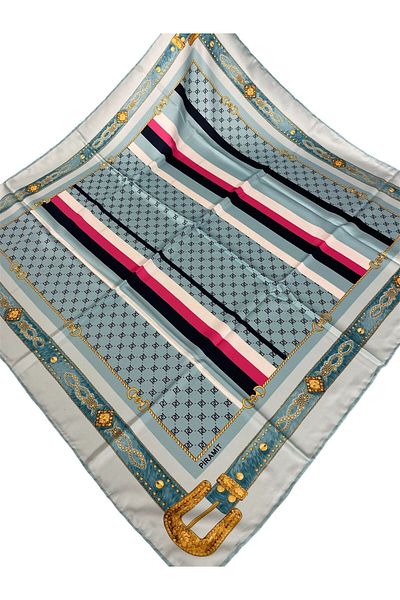 PİRAMİT Light Blue Geometric Pattern Pyramid Scarf - 90cm X 90cm Es-29