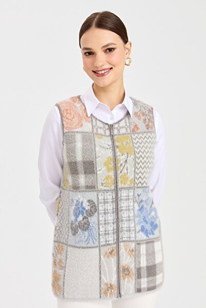Desen Triko Жіночий жилет з патчворком без коміра, темно-сірий