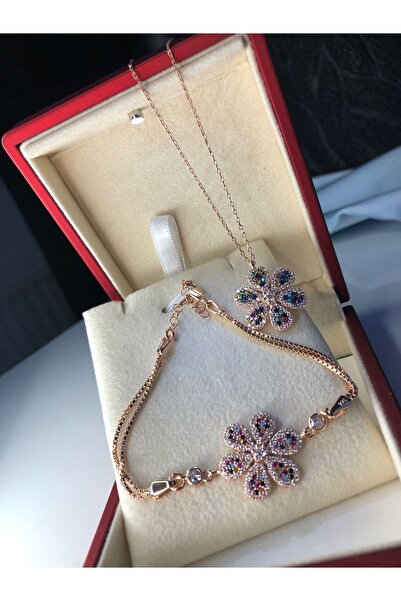 vogutima Kadın Gümüş Set - Çiçek Motifli Mix Taşlı • Işıklı Kutuda • Sevgiliy...