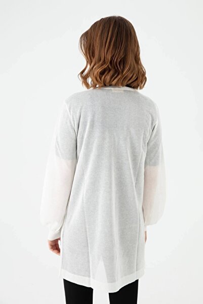 Desen Triko Women's Plain Knitted Long Cardigan Ecru